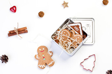 Christmas cookies with holiday decor in a square white tin box with wood shavings. Christmas Gift...