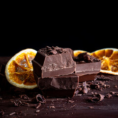 Organic food snack tasty sweet dessert milk dark chocolate bar macro closeup broken slide piece and fruit orange raspberry hazelnut nuts on cocoa cacao powder wooden table for new year Christmas gift