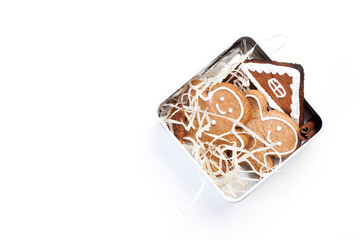 Christmas cookies with holiday decor in a square white tin box with wood shavings. Christmas Gift...
