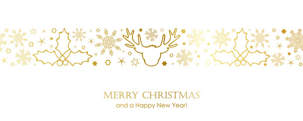 golden christmas card with white seamless pattern snowflakes and deer vector illustration EPS10