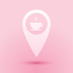 Paper cut Map pointer with hot coffee cup icon isolated on pink background. Paper art style. Vector.
