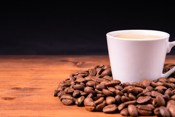 Homemade cafe fresh hot espresso in steam white mug cup brew from organic sustainable coffee shop drink roasted brown bean with recycle disposable paper package with refresh aroma