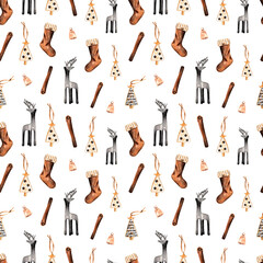 Seamless Christmas pattern hand drawn in watercolor. Xmas decor for cozy home with cinnamon stick, deer statuette, sock, bell, Christmas tree. Holiday design for wallpaper, scrapbooking, fabric print