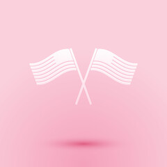 Paper cut Two crossed American waving flags icon isolated on pink background. National flag of USA. The United States of America flag. Independence day. Paper art style. Vector.