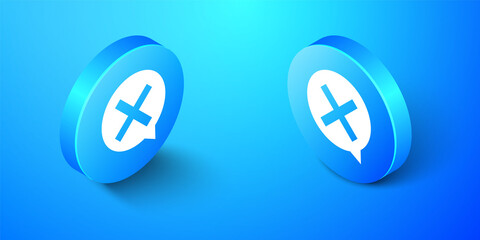 Isometric X Mark, Cross in circle icon isolated on blue background. Check cross mark icon. Blue circle button. Vector.