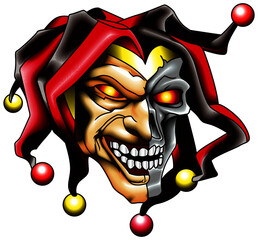Joker, Evil buffoon in a cap with a skull face. Vector tattoo illustration.