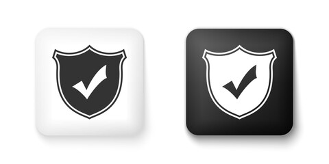 Black and white Shield with check mark icon isolated on white background. Square button. Vector.