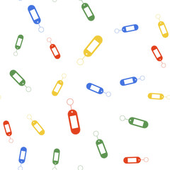 Color Key chain icon isolated seamless pattern on white background. Blank rectangular keychain with ring and chain for key. Vector.