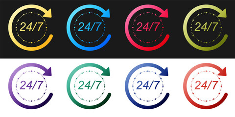 Set Open 24 hours a day and 7 days a week icon isolated on black and white background. All day cyclic icon. Vector.