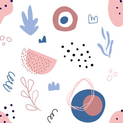 Abstract seamless pattern with hand drawn botanical and geometric shapes. Pastel natural colors.