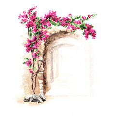 Old architecture of the Mediterranean, North Africa.  flowers of bougainvillea. Hand drawn watercolor illustration isolated on white background
