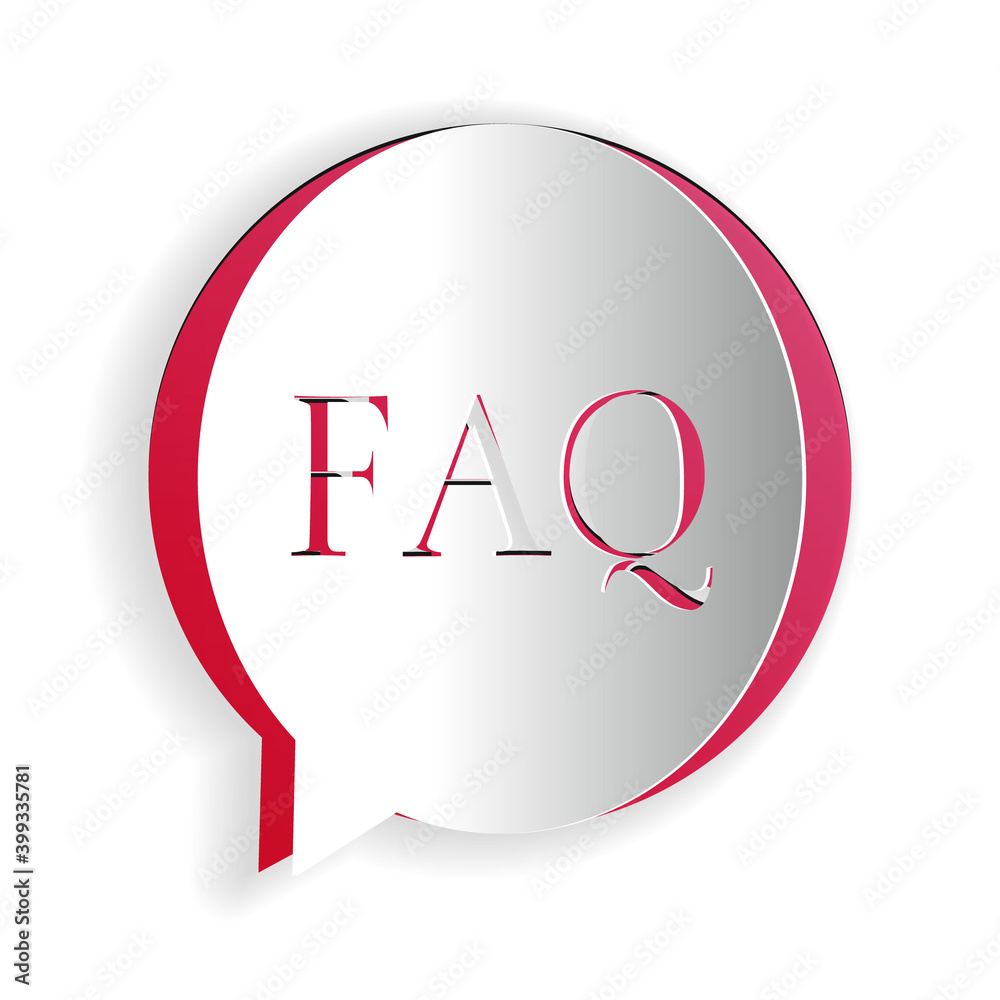 Poster paper cut speech bubble with text faq information icon isolated on white background. circle button w