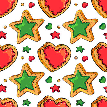 Seamless pattern of heart and star shaped cookies with tiny details. Colorful vector illustration for your Christmas, New Year, birthday, food fests and other parties designs, menus, package, etc.