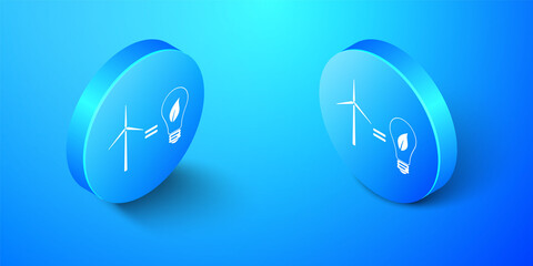 Isometric Wind turbine and light bulb with leaves as idea of eco-friendly source of energy icon isolated on blue background. Blue circle button. Vector.