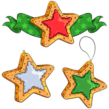 Set of three star shaped cookies. Vector illustrations of Christmas tree decorations for your Christmas, New Year, food fests and other parties designs, menus, invitations, cards, etc.