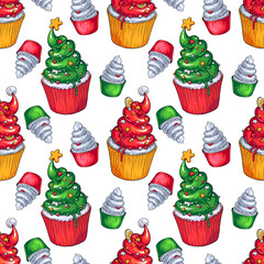Three Christmas Cupcakes vector seamless pattern. Colorful illustration of stylized desserts for your Christmas, New Year, food fests and other parties designs, menus, invitations, cards, etc.