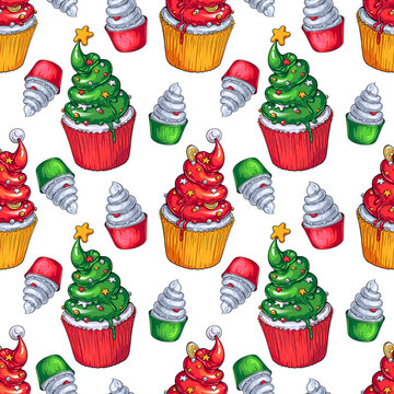 Three Christmas Cupcakes vector seamless pattern. Colorful illustration of stylized desserts for your Christmas, New Year, food fests and other parties designs, menus, invitations, cards, etc.