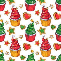 Christmas Cupcakes with star and heart shaped cookies vector seamless pattern. Colorful illustration for your Christmas, New Year, food fests and other parties designs, menus, invitations, cards, etc.