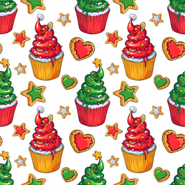 Christmas Cupcakes with star and heart shaped cookies vector seamless pattern. Colorful illustration for your Christmas, New Year, food fests and other parties designs, menus, invitations, cards, etc.