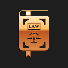 Gold Law book statute book with scales of justice icon isolated on black background. Long shadow style. Vector.
