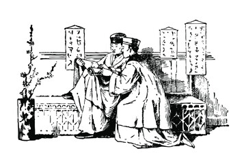 Two Chinese Men reading scrolls, traditional period dress