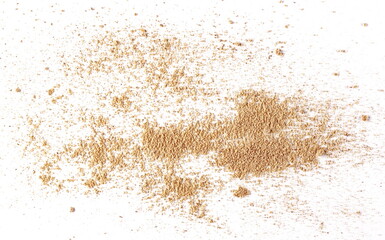 Fototapeta na wymiar Ground, milled nutmeg powder isolated on white background, top view