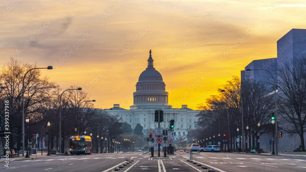 Wall mural timelapse of pennsylvania avenue and us capitol at sunrise, washington dc, usa