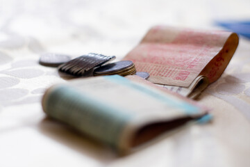 Indian currency rupee notes and coins placed on table showing payments, money, saving and gambling...