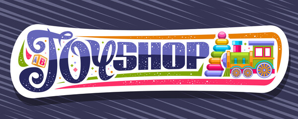 Vector banner for Toy Shop, modern sign board with illustration of kids train, colorful plastic pyramid, decorative flourishes and confetti, unique lettering for words toy shop on purple background.