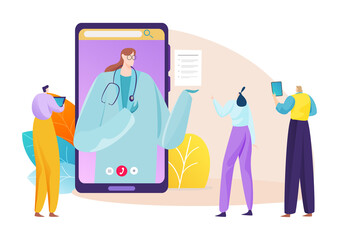 Doctor in smartphone, online medical consultation for people, vector illustration. Clinic communication and care concept, flat mobile technology. Patient use mobile internet app service.