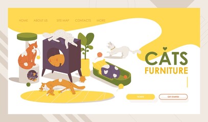 Cats furniture landing page template. Vector kitten sleeping and playing on various interior design elements