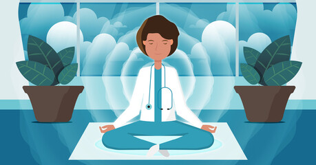 Ilustración de doctora meditando en armonía frente a crisis sanitaria. 