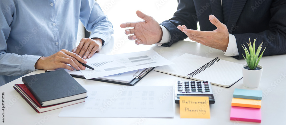 Poster business team executive accounting analyzing and calculation on valuation data investment fund looki