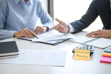 Wealth Management and financial concept, Team of Business accounting analyzing and calculation on valuation data investment fund and looking at report, sticky note paper and having a discussion