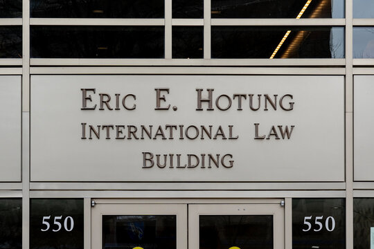 Washington, DC, USA- January 13, 2020:  Sign Of Eric E. Hotung International Law On The Building At Georgetown University Law Center Washington, DC, USA. 