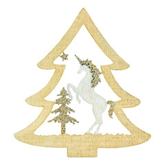 Ornement de boule en bois avec la licorne pour des décorations de Noël d& 39 isolement sur le fond blanc