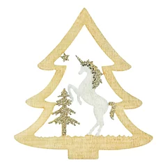 Poster Houten bal ornament met eenhoorn voor kerstversiering geïsoleerd op een witte achtergrond © Albert Ziganshin