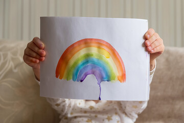 Little girl painting rainbow. Kids leisure at home. Positive visual support during quarantine Pandemic Coronavirus Covid-19 at home.