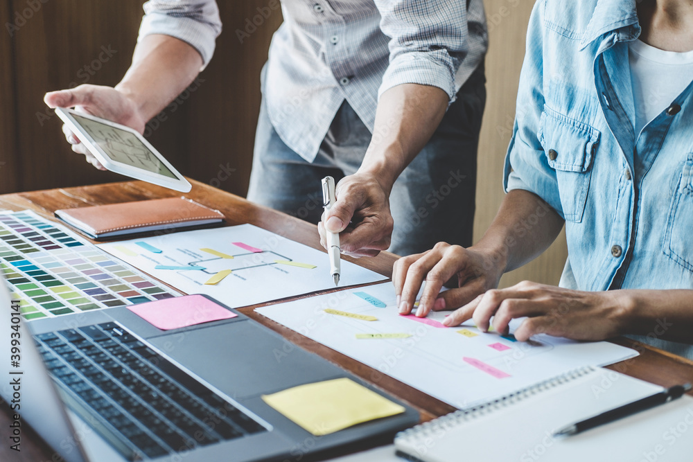 Sticker team of creative web/graphic designer planning, drawing website ux app for mobile phone application 