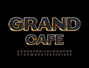 Vector elite template Grand Cafe. Textured Black and Gold Font. 3D Alphabet Letters and Numbers set