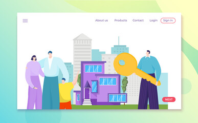 House realtor agent and property owner stand near home, rent service vector illustration. Man character hold huge key for new real estate purchase. People family make deal to buy residential building.