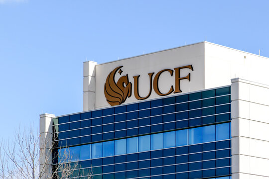 Orlando, Florida, USA- February 9, 2020:  Close up of UCF sign on the building at Lake Nona Campus in Orlando. The University of Central Florida (UCF) is a public research university.