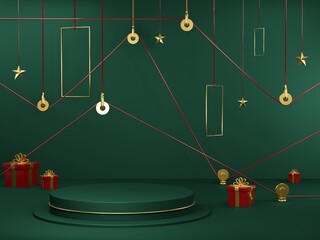 3D render - image merry Christmas red and green background, image of podium product stand for Christmas event, Christmas background, Winter landscape, holiday Christmas new year concept