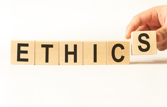 Word ethics made with wood building blocks, stock image