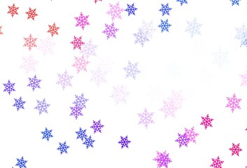 Light Blue, Red vector template with ice snowflakes, stars.
