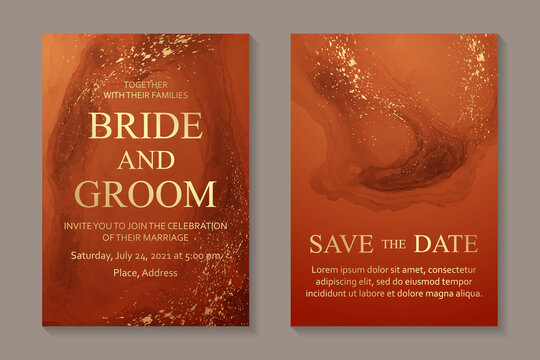 Modern abstract luxury wedding invitation design or card templates for birthday greeting or certificate or cover with red watercolor waves or fluid art in alcohol ink style with golden glitter.