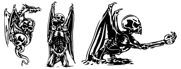 Set with fangs, skeleton, skull, bat and aggressive face or head of a dragon. Open wings of flying gothic monsters. Engraving line sketch in black. Vector.