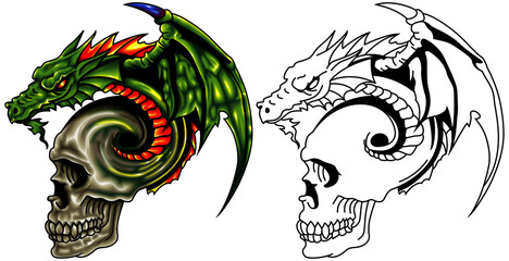 Green Dragon holds a human skull. Realistic vector illustration in tatto style.