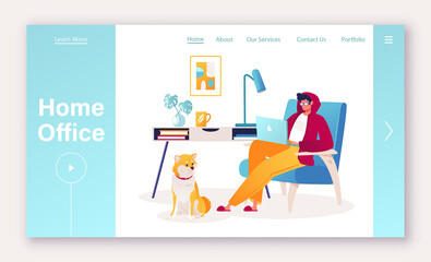 Freelance, work remotely from home or co working concept for landing page template. Young man works on laptop in cozy interior of house, next to him is his beloved and cute dog. Pluses of remote work