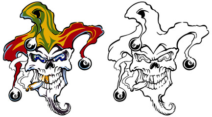 Skull in a jester hat with a cigar in his teeth. Drawing with a ganster tatto style.